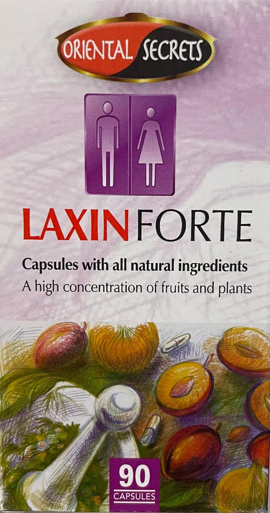 Laxin Forte bottle close-up showing natural laxative blend for gentle relief