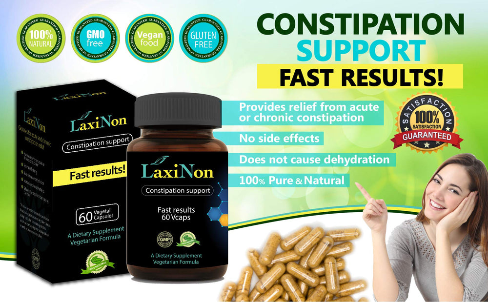 Laxinon vegetarian capsules close-up showing plant-based relief option.