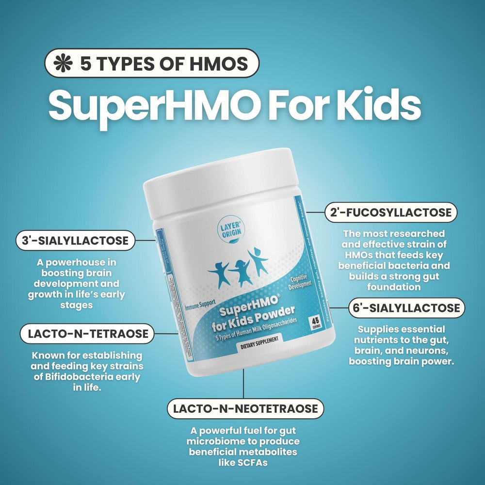 Layer Origin SuperHMO kids powder poured into milk for a kid-friendly drink