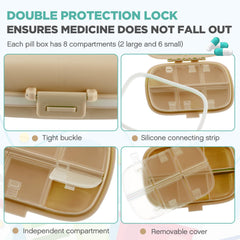 Layhit travel pill organizer in khaki showcasing 8 compartments and portability