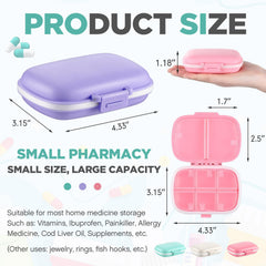 Layhit travel pill organizer in pink showing 8 compartments for daily meds.