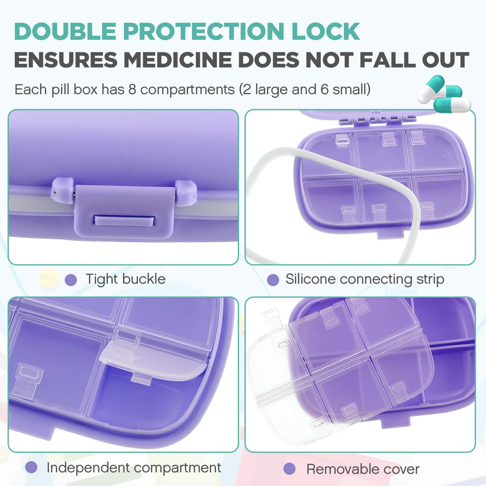 Layhit travel pill organizer in purple designed for compact travel storage.