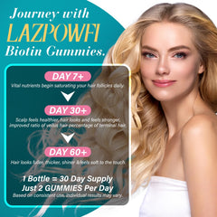 Lazpowfi Biotin Gummies bottle close-up shows vegan vitamin blend.