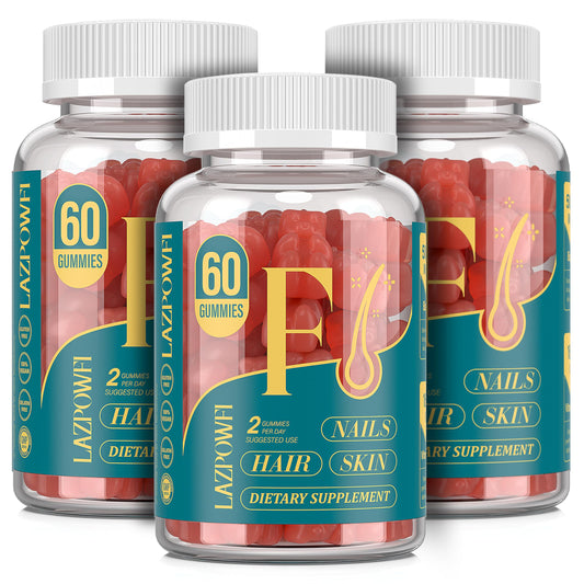 Lazpowfi Biotin Gummies bottle showing strawberry flavor for daily hair and nails support.