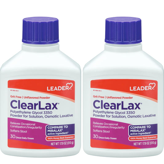 Leader ClearLax bottle dispense showing easy dosing for gentle relief