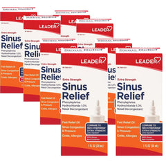 Leader Extra Strength Sinus Relief Spray bottle for quick, mess-free application.