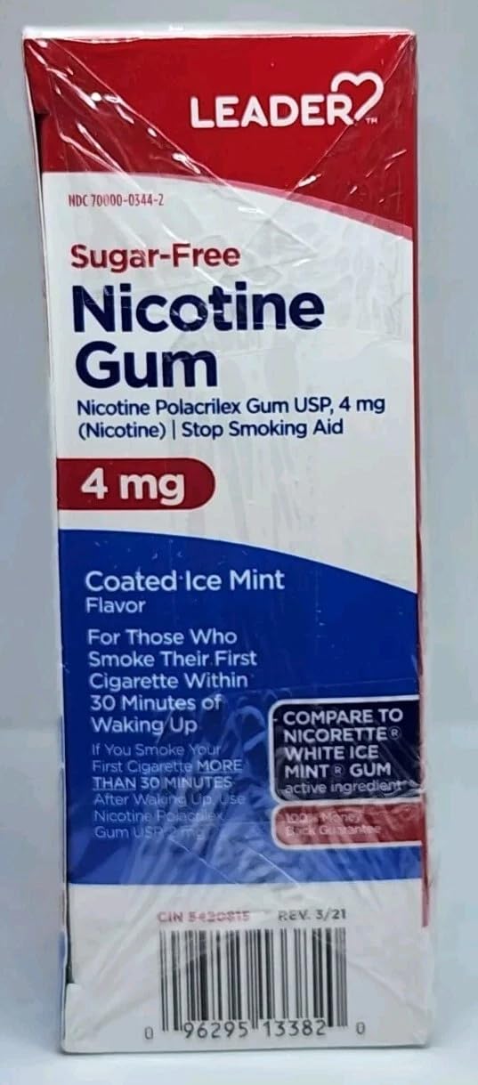 LEADER nicotine gum 4 mg mint pack back showing gluten-free claim