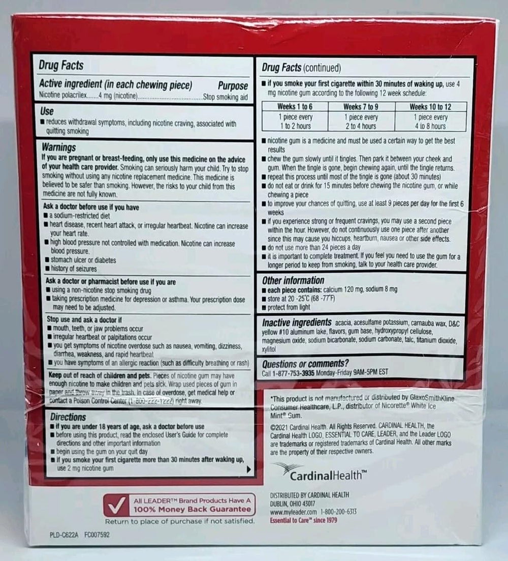 LEADER nicotine gum 4 mg mint piece close-up for craving relief