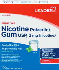 Leader Nicotine Gum Ice Mint bottle front, sugar-free 100-count supply