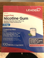 Leader Nicotine Gum Ice Mint pack shows gluten-free quit aid for on-the-go use