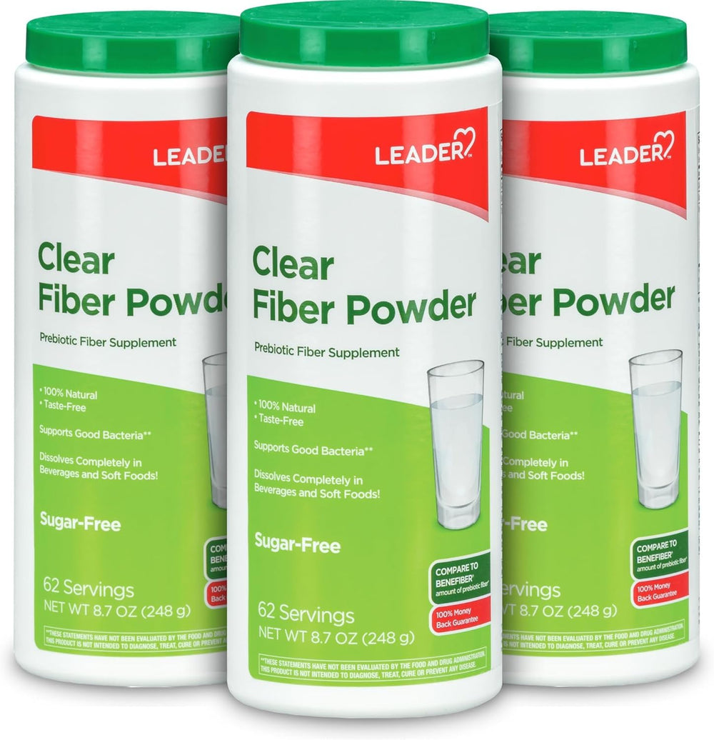 LEADER prebiotic fiber powder 3-pack packaging showing convenient multi-pack.