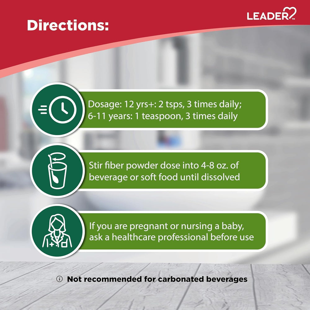LEADER prebiotic fiber powder in a resealable canister for freshness.