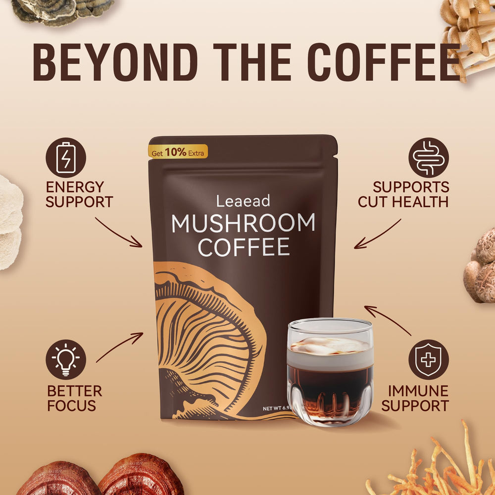 Leaead mushroom coffee brew with steam suggesting smooth energy