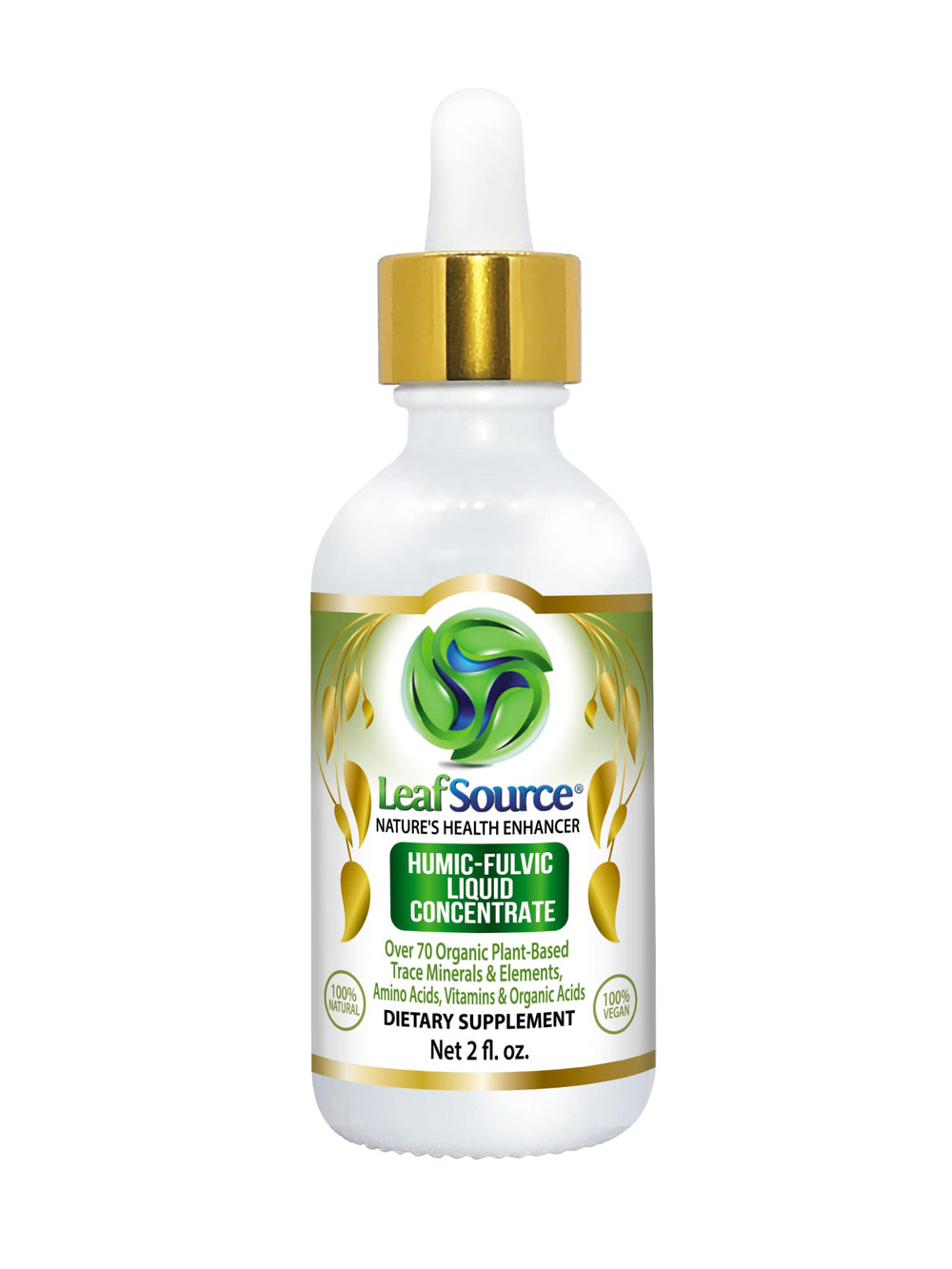 LeafSource Humic Fulvic Liquid bottle with dropper supports daily hydration.