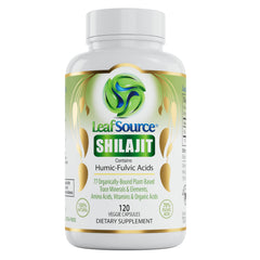 LEAFSOURCE Shilajit bottle front highlights energy support potential.