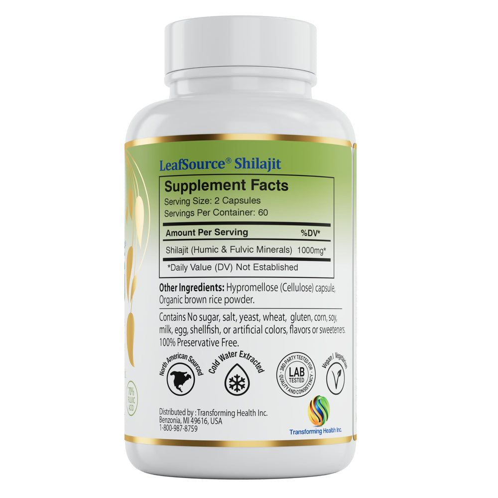 LEAFSOURCE Shilajit capsules closeup shows high potency formula.