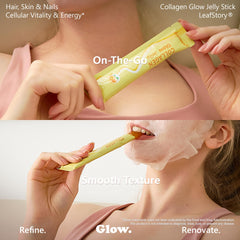 LeafStory Collagen Glow Jelly box beside vitamins hinting at balanced energy.