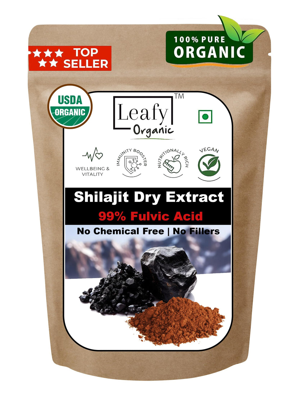 Leafy Organic Shilajit powder bottle — pure fulvic-rich extract for daily vitality support.