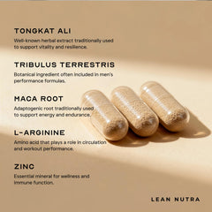 LEAN Nutraceuticals testosterone libido booster on shelf evoking endurance during workouts.