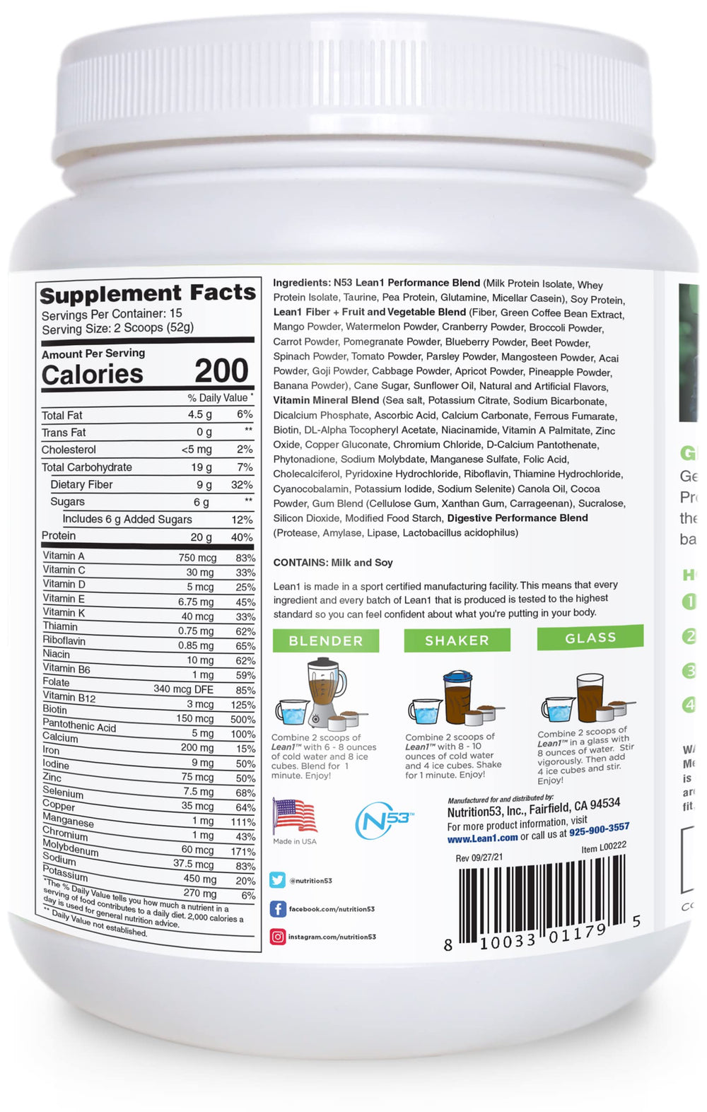 LEAN1 Chocolate Mint tub back with nutrition details.