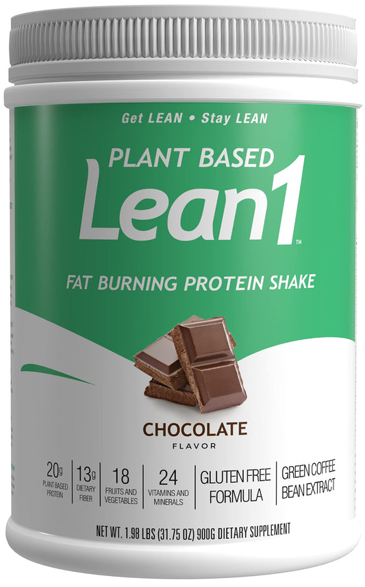 LEAN1 chocolate tub front showing packaging for on-the-go meal replacement.