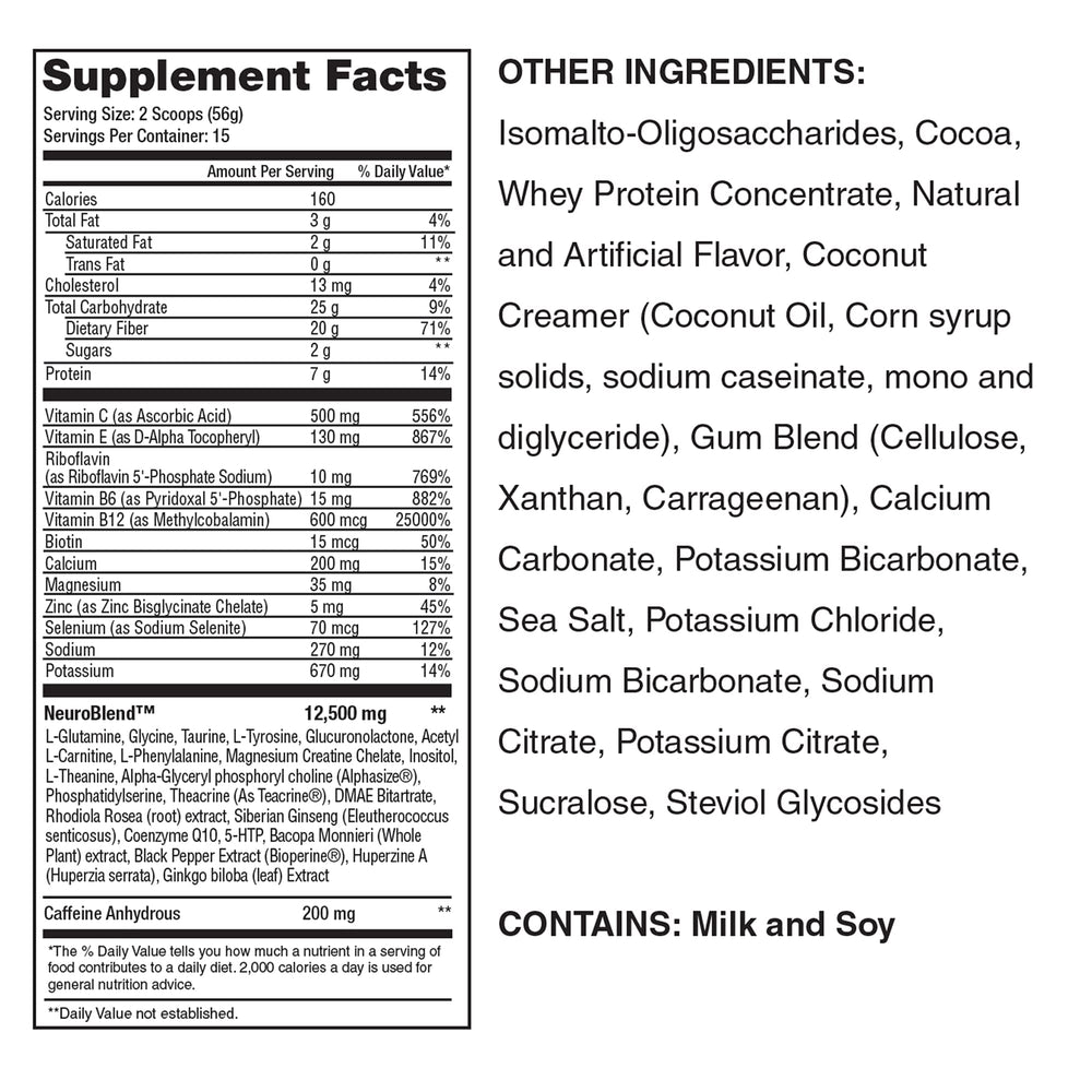 LEAN1 Neuro Chocolate label close-up, premium neuronutrient blend for clarity