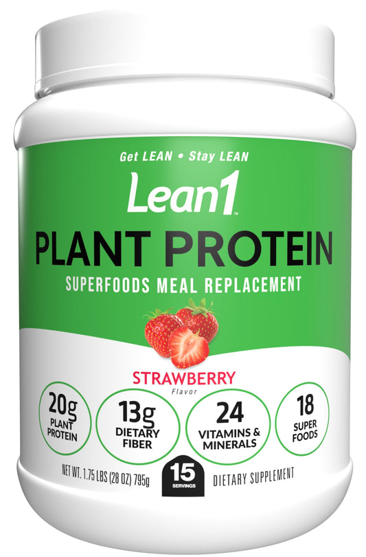 LEAN1 strawberry flavor tub showing a protein packed meal option