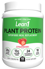 LEAN1 strawberry flavor tub showing a protein packed meal option