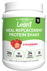 LEAN1 strawberry meal-replacement tub front view for quick nutrition