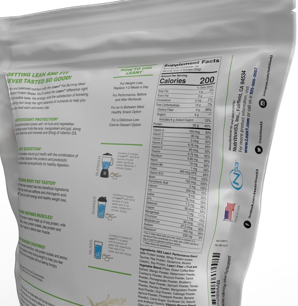 Lean1 Vanilla packaging shows 44 servings in a 5 lb bag for daily use.