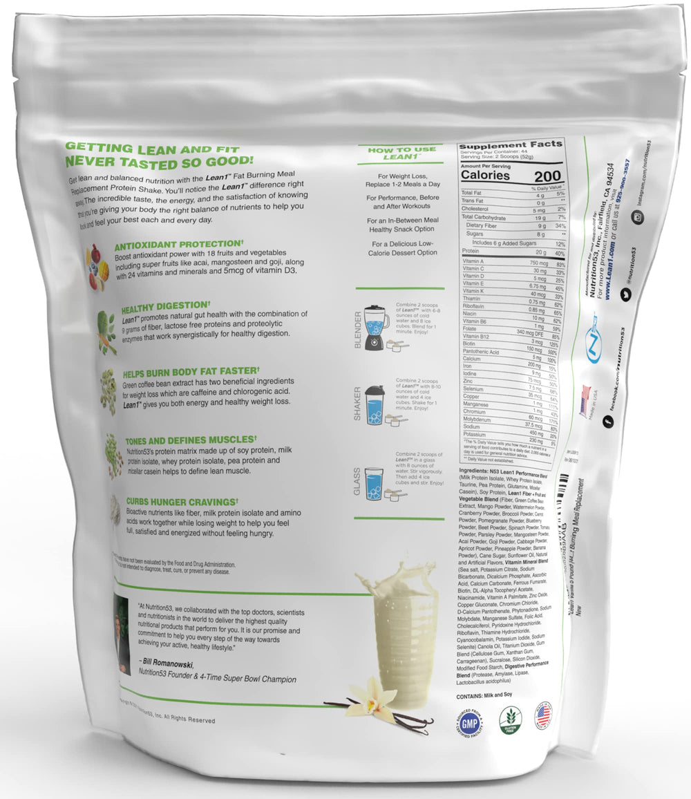 Lean1 Vanilla shake pour demonstrates easy mixing for on-the-go nutrition.