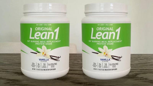 LEAN1 vanilla meal replacement tub front shows branding for quick, balanced meals.