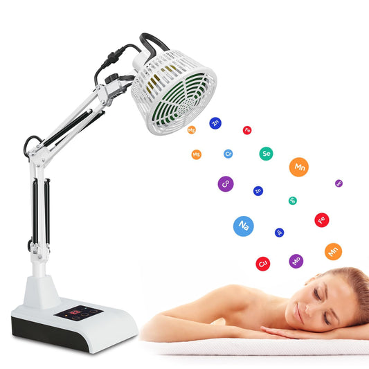Leawell 2-in-1 TDP infrared lamp on a desk for home therapy.