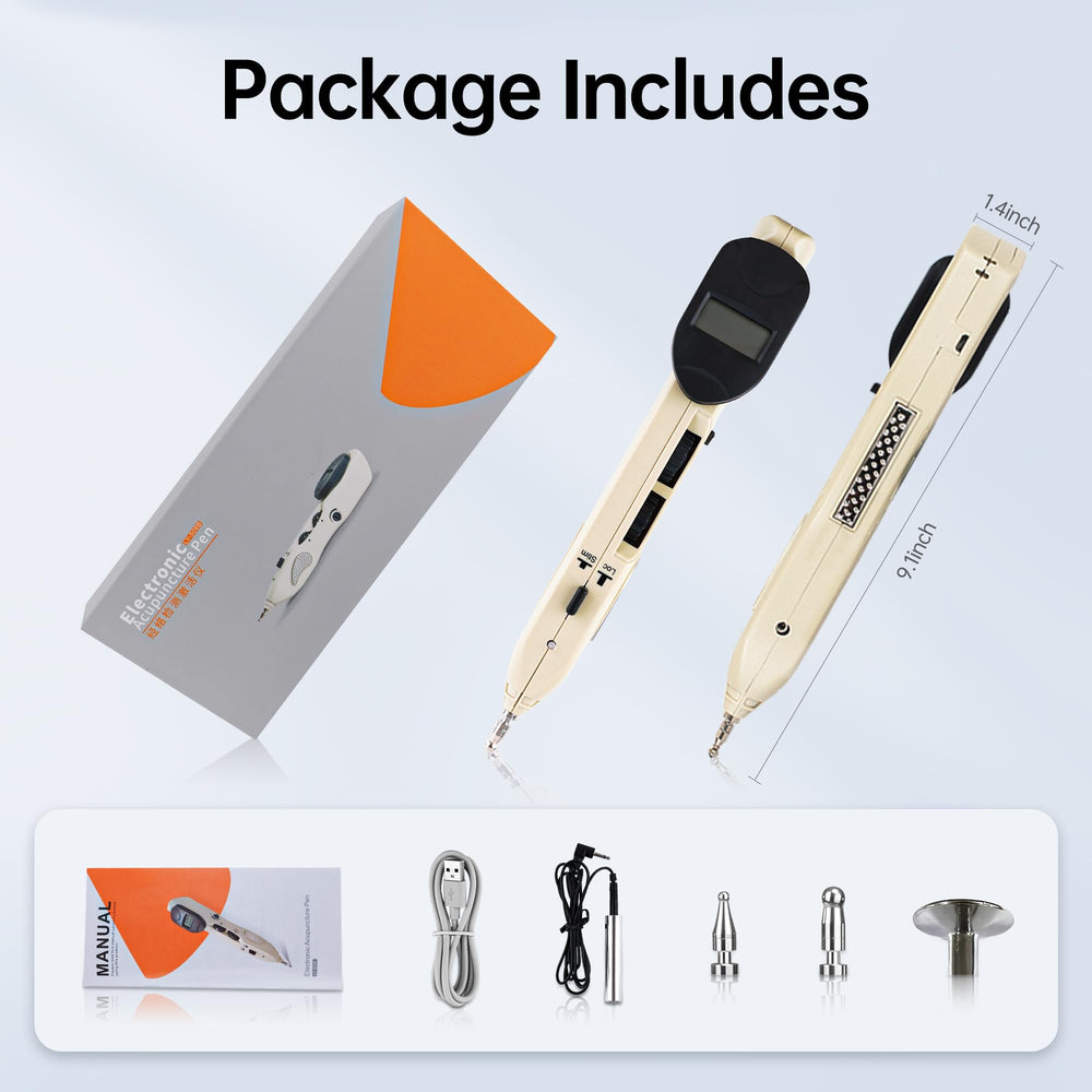 Leawell acupuncture pen package contents include heads and cable.