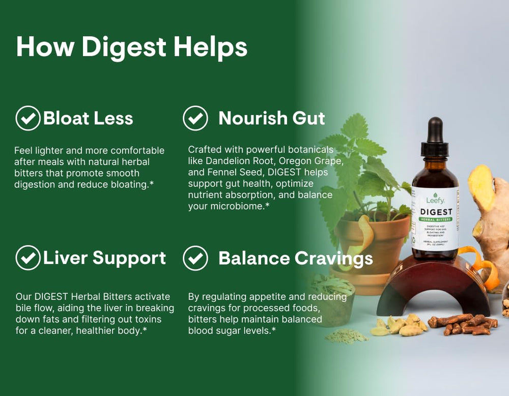 Leefy Digest packaging front view highlighting clean herbal formula.