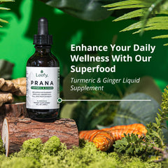 Leefy PRANA liquid turmeric with ginger and black pepper suggests absorption support.