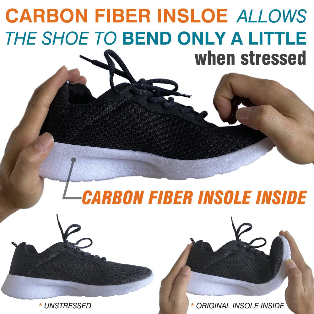 Leeuoe carbon fiber insole in shoe setup demonstrates thin profile and lightweight rigidity.
