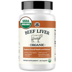 Left Coast Performance Beef Liver Capsules bottle on a clean counter, convenient daily energy support.