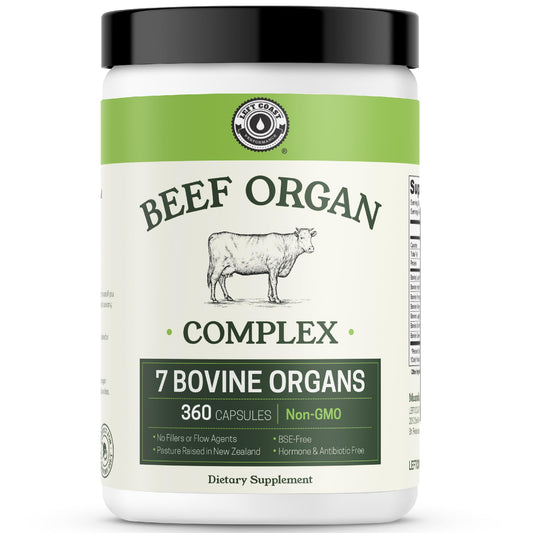 Left Coast Performance beef organ supplement packaging highlights New Zealand sourcing and premium quality.
