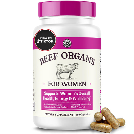 Left Coast Performance beef organs for women bottle front showing energy-supporting capsules.