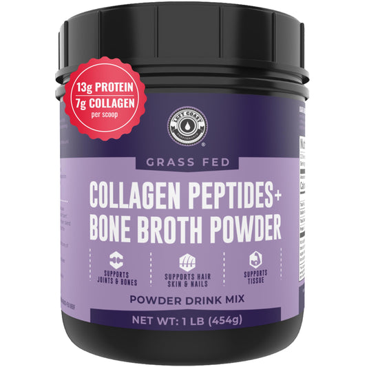 Left Coast Performance bone broth powder jar highlighting simple ingredients.