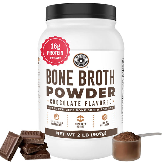 Left Coast Performance Bone Broth Protein Powder chocolate in 32 oz jar front view, premium grass-fed formula.