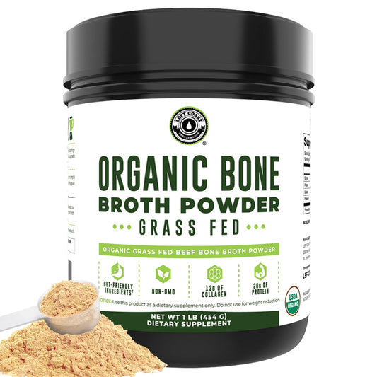 Left Coast Performance bone broth protein jar shows organic grass-fed beef base for savory meals.
