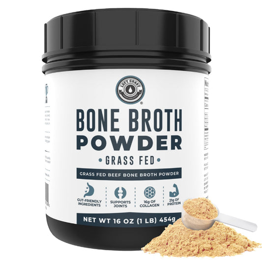 Left Coast Performance bone broth protein powder jar, label visible, ideal as a soup base.