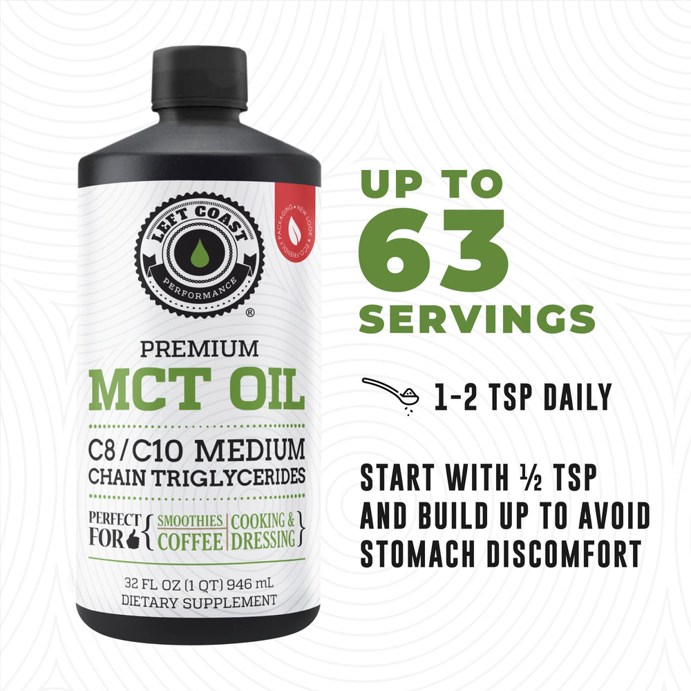 Left Coast Performance coconut MCT oil liquid kitchen scene demonstrates palm-free sourcing