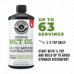 Left Coast Performance coconut MCT oil liquid kitchen scene demonstrates palm-free sourcing