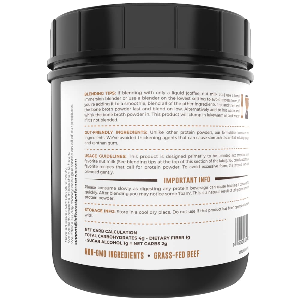 Close-up of grass-fed beef bone broth powder texture, gluten-free and non-GMO.