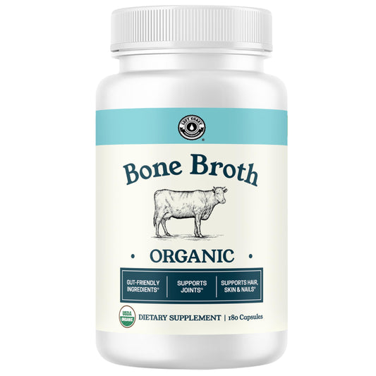Left Coast Performance grass-fed bone broth capsules bottle for convenient joint and gut support.