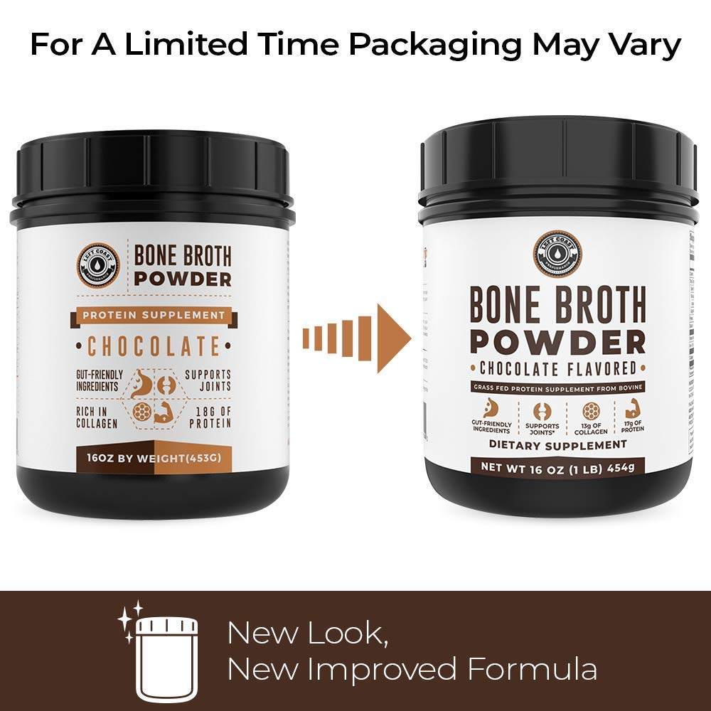 Label highlights dairy-free and keto-friendly attributes of Left Coast Performance bone broth powder.