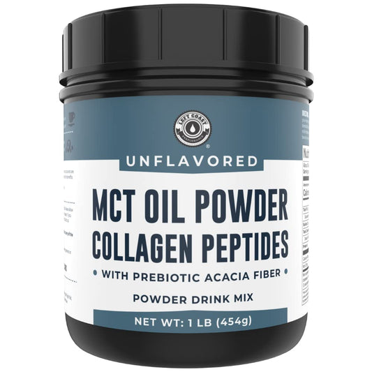 Left Coast Performance MCT Oil Powder bottle shows a keto-friendly blend in a kitchen setting.